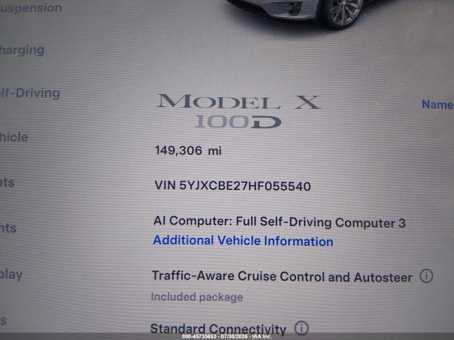 45735653 :رقم المزاد ، 5YJXCBE27HF055540 vin ، 2017 Tesla Model X 100d/75d/90d مزاد بيع