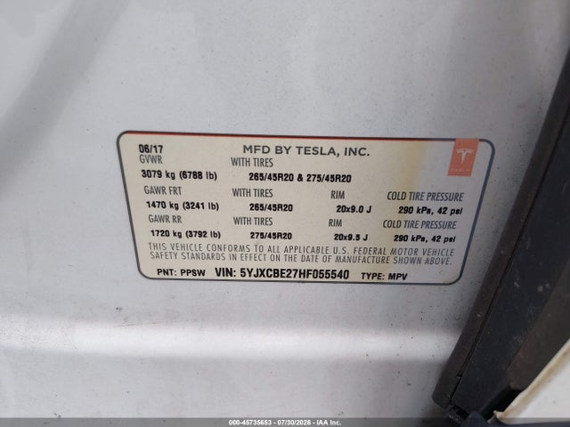45735653 :رقم المزاد ، 5YJXCBE27HF055540 vin ، 2017 Tesla Model X 100d/75d/90d مزاد بيع