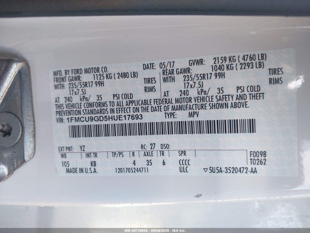 1FMCU9GD5HUE17693 Ford ESCAPE SE