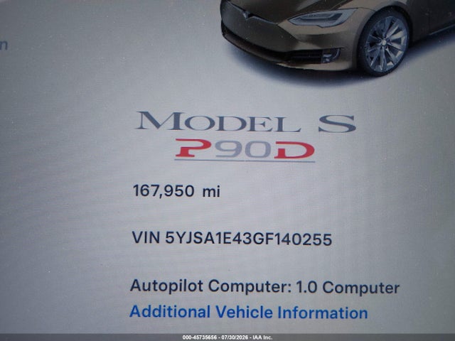 Aukcja sprzedaży 2016 Tesla Model S 90d/p100d/p85d/p90d, vin: 5YJSA1E43GF140255, numer aukcji: 45735656