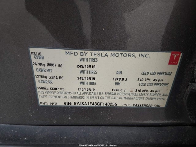 Aukcja sprzedaży 2016 Tesla Model S 90d/p100d/p85d/p90d, vin: 5YJSA1E43GF140255, numer aukcji: 45735656