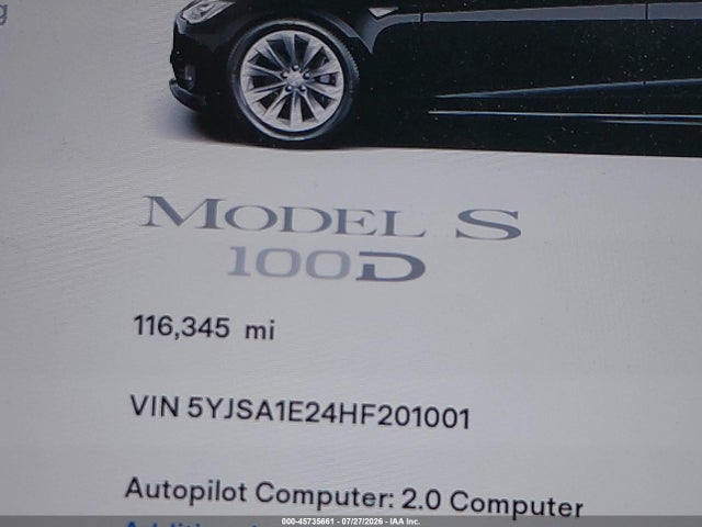 Продажа на аукционе авто 2017 Tesla Model S 100d/60d/75d/90d/p100d, vin: 5YJSA1E24HF201001, номер лота: 45735661