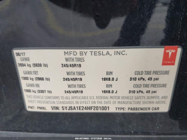 Продажа на аукционе авто 2017 Tesla Model S 100d/60d/75d/90d/p100d, vin: 5YJSA1E24HF201001, номер лота: 45735661