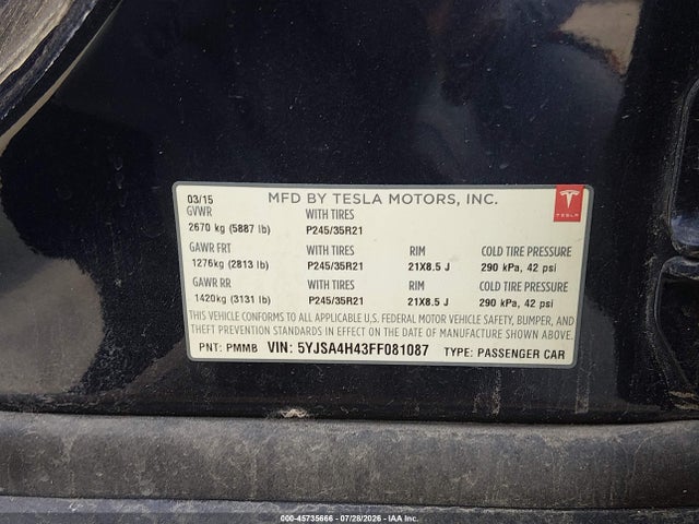 Продажа на аукционе авто 2015 Tesla Model S 85d/p85d, vin: 5YJSA4H43FF081087, номер лота: 45735666