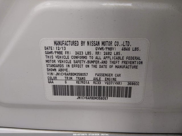 45735678 :رقم المزاد ، JN1CV6AR8DM358057 vin ، 2013 Infiniti G37x مزاد بيع