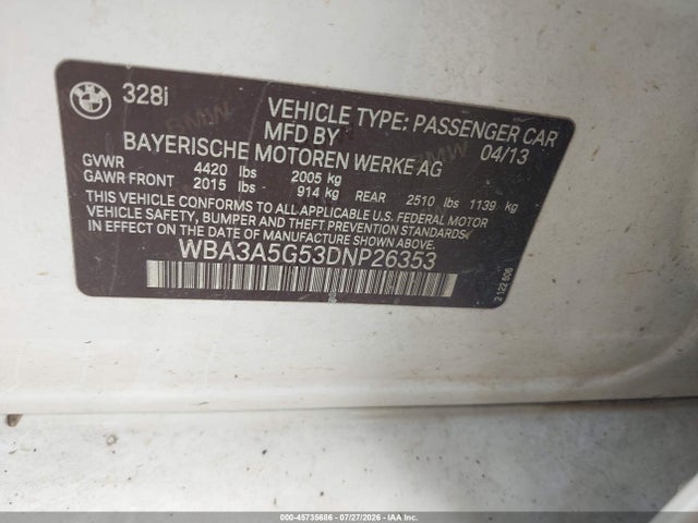 Продаж на аукціоні авто 2013 Bmw 328i, vin: WBA3A5G53DNP26353, номер лоту: 45735686