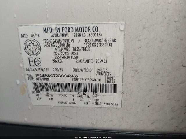 Aukcja sprzedaży 2016 Ford Explorer Sport, vin: 1FM5K8GT2GGC43465, numer aukcji: 45735692