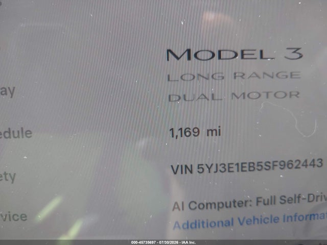 Продаж на аукціоні авто 2025 Tesla Model 3 Long Range All-wheel Drive, vin: 5YJ3E1EB5SF962443, номер лоту: 45735697