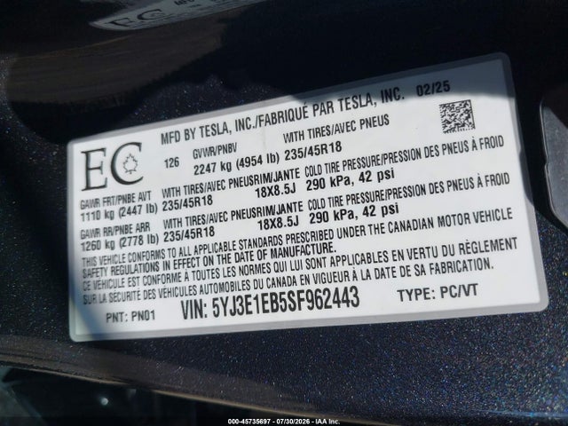 Продаж на аукціоні авто 2025 Tesla Model 3 Long Range All-wheel Drive, vin: 5YJ3E1EB5SF962443, номер лоту: 45735697