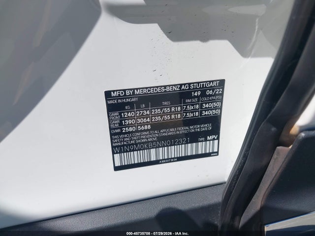 W1N9M0KB5NN012321 Mercedes-Benz Eqb 300 Suv 4matic