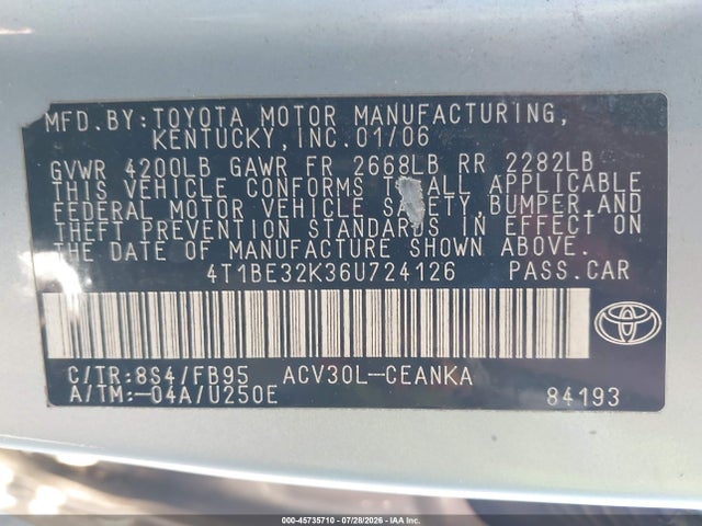 Auction sale of the 2006 Toyota Camry Le, vin: 4T1BE32K36U724126, lot number: 45735710
