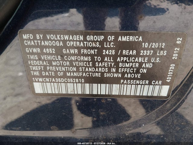 Продаж на аукціоні авто 2013 Volkswagen Passat 2.0l Tdi Sel Premium, vin: 1VWCN7A35DC052810, номер лоту: 45735713