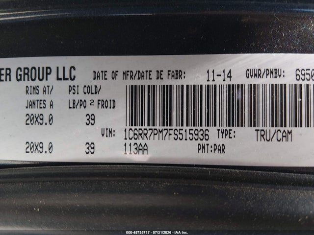RAM 1500 Longhorn 2015 1C6RR7PM7FS515936 Image 9