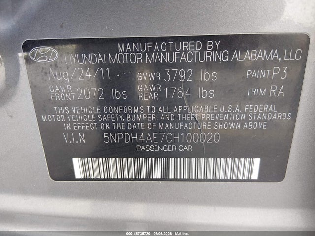 45735720 :رقم المزاد ، 5NPDH4AE7CH100020 vin ، 2012 Hyundai Elantra Gls مزاد بيع