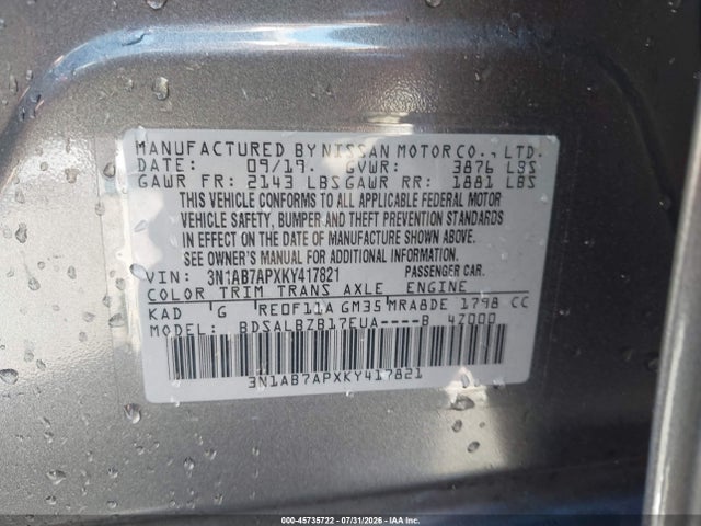 2019 Nissan Sentra S მანქანა იყიდება აუქციონზე, vin: 3N1AB7APXKY417821, აუქციონის ნომერი: 45735722