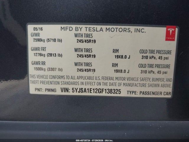 Продаж на аукціоні авто 2016 Tesla Model S 60/70/75/85, vin: 5YJSA1E12GF138325, номер лоту: 45735724