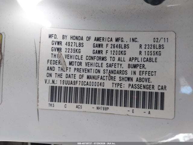 Aukcja sprzedaży 2012 Acura Tl 3.7, vin: 19UUA9F70CA000040, numer aukcji: 45735727