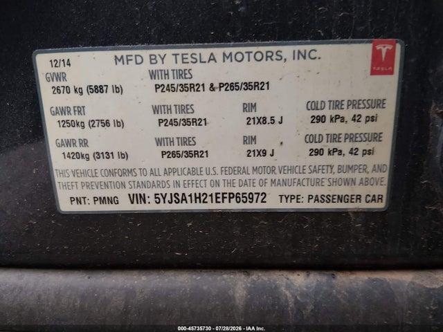 Продаж на аукціоні авто 2014 Tesla Model S P85d, vin: 5YJSA1H21EFP65972, номер лоту: 45735730