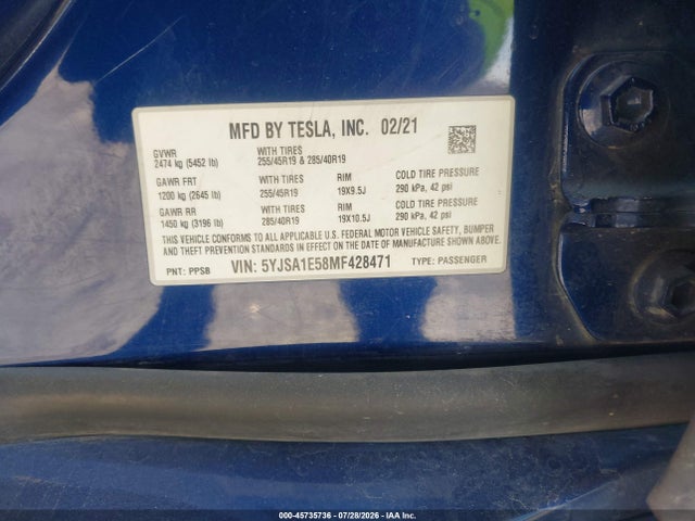 Продаж на аукціоні авто 2021 Tesla Model S Long Range Dual Motor All-wheel Drive, vin: 5YJSA1E58MF428471, номер лоту: 45735736