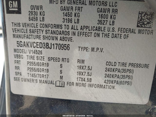 2011 Buick Enclave 2xl მანქანა იყიდება აუქციონზე, vin: 5GAKVCED3BJ170956, აუქციონის ნომერი: 45735739
