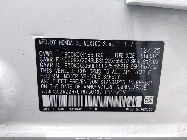 3CZRZ2H70TM750407 Honda Hr-v Awd Ex-l