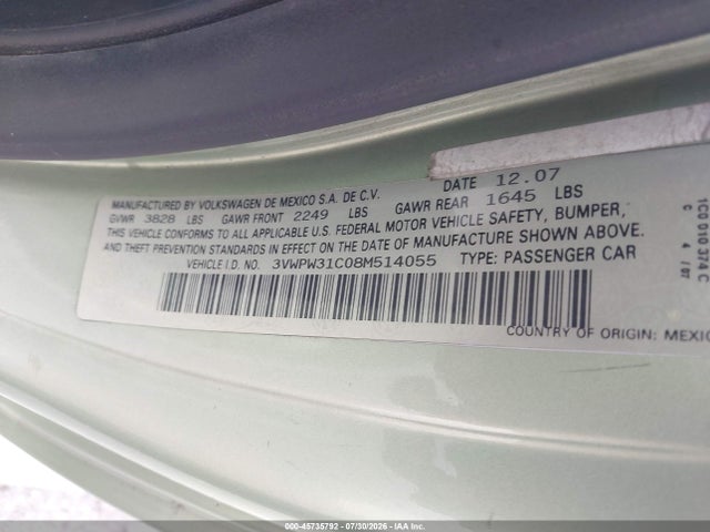 Продажа на аукционе авто 2008 Volkswagen New Beetle S, vin: 3VWPW31C08M514055, номер лота: 45735792