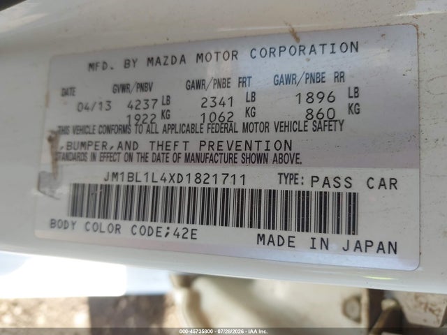 Aukcja sprzedaży 2013 Mazda Mazdaspeed3 Touring, vin: JM1BL1L4XD1821711, numer aukcji: 45735800