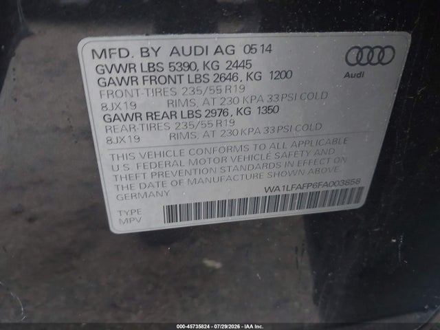 Продажа на аукционе авто 2015 Audi Q5 2.0t Premium, vin: WA1LFAFP6FA003858, номер лота: 45735824