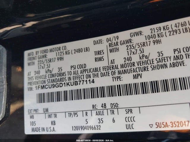 Продажа на аукционе авто 2019 Ford Escape Se, vin: 1FMCU9GD1KUB77114, номер лота: 45735830