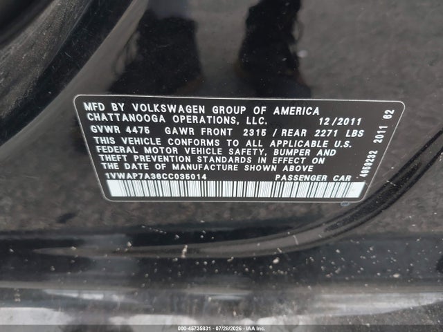 45735831 :رقم المزاد ، 1VWAP7A36CC035014 vin ، 2012 Volkswagen Passat 2.5l S مزاد بيع