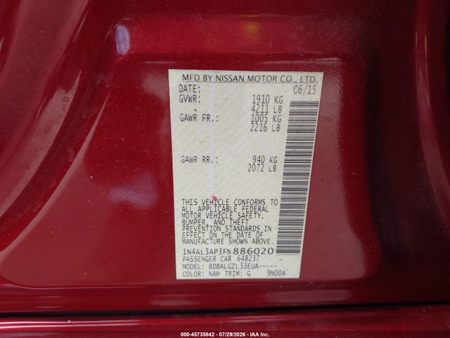 1N4AL3AP3FN886020 Nissan Altima 2.5/2.5 S/2.5 Sl/2.5 Sv