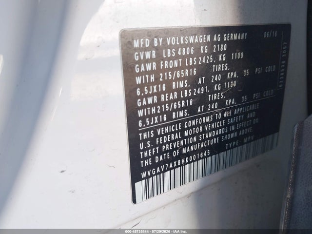 45735844 :رقم المزاد ، WVGAV7AX8HK001645 vin ، 2017 Volkswagen Tiguan 2.0t S مزاد بيع