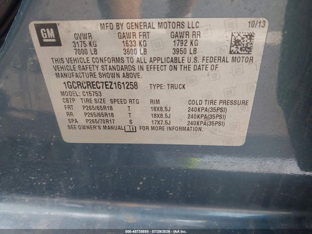 2014 Chevrolet Silverado 1500 Lt მანქანა იყიდება აუქციონზე, vin: 1GCRCREC7EZ161258, აუქციონის ნომერი: 45735855