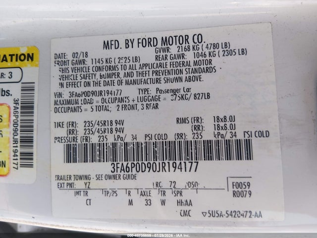 Продажа на аукционе авто 2018 Ford Fusion Titanium, vin: 3FA6P0D90JR194177, номер лота: 45735859