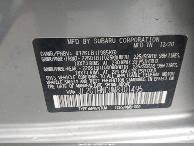 45735861 :رقم المزاد ، JF2GTHNC0M8301495 vin ، 2021 Subaru Crosstrek Limited مزاد بيع