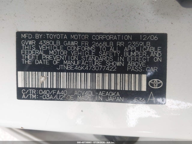 45735863 :رقم المزاد ، JTNBE46K473077422 vin ، 2007 Toyota Camry Xle مزاد بيع