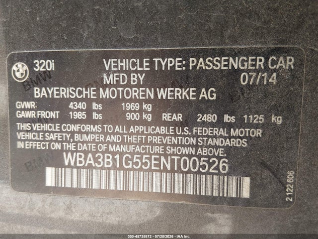 2014 Bmw 320i მანქანა იყიდება აუქციონზე, vin: WBA3B1G55ENT00526, აუქციონის ნომერი: 45735872