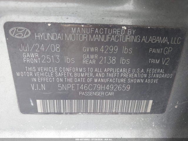 45735882 :رقم المزاد ، 5NPET46C79H492659 vin ، 2009 Hyundai Sonata Gls مزاد بيع