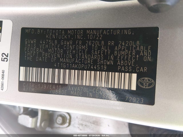 2023 Toyota Camry Se მანქანა იყიდება აუქციონზე, vin: 4T1G11AK0PU744519, აუქციონის ნომერი: 45735885