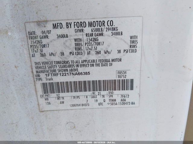 2007 Ford F-150 Stx/xl/xlt მანქანა იყიდება აუქციონზე, vin: 1FTRF12217NA66385, აუქციონის ნომერი: 45735906