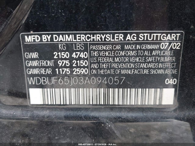 45735911 :رقم المزاد ، WDBUF65J03A094057 vin ، 2003 Mercedes-benz E 320 مزاد بيع