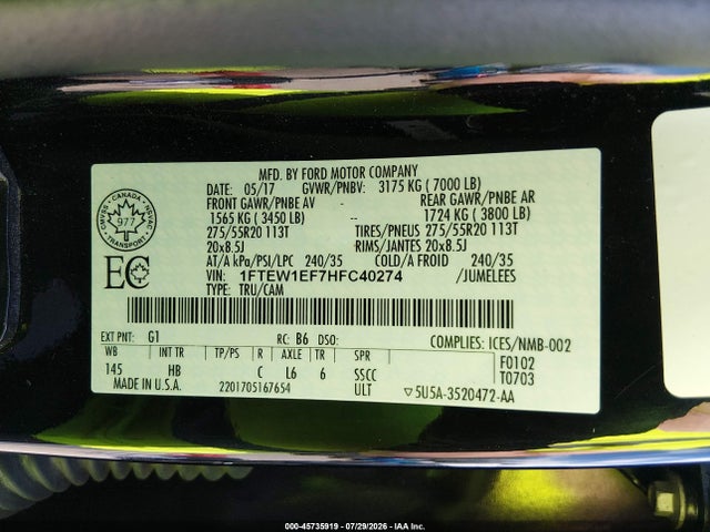 Ford F-150 Lariat 2017 1FTEW1EF7HFC40274 Image 9