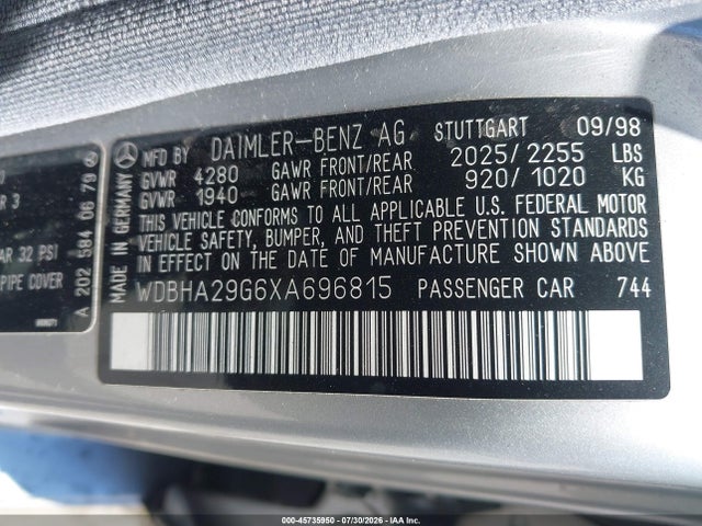 45735950 :رقم المزاد ، WDBHA29G6XA696815 vin ، 1999 Mercedes-benz C 280 مزاد بيع