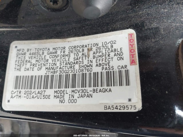 Aukcja sprzedaży 2003 Lexus Es 300, vin: JTHBF30G230108760, numer aukcji: 45735954
