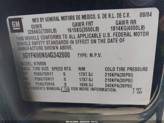 Продажа на аукционе авто 2004 Cadillac Escalade Esv Standard, vin: 3GYFK66N04G342800, номер лота: 45735965