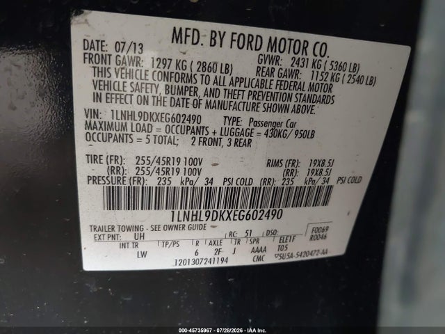 Продаж на аукціоні авто 2014 Lincoln Mks, vin: 1LNHL9DKXEG602490, номер лоту: 45735967