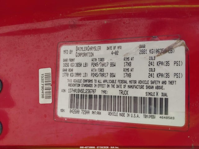 Aukcja sprzedaży 2002 Dodge Ram 1500 St, vin: 1D7HA16N92J236707, numer aukcji: 45735986