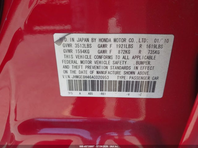 45735997 :رقم المزاد ، JHMGE8H46AC020953 vin ، 2010 Honda Fit Sport مزاد بيع