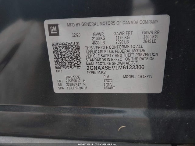 Продажа на аукционе авто 2021 Chevrolet Equinox Awd Ls, vin: 2GNAXSEV1M6133306, номер лота: 45736014