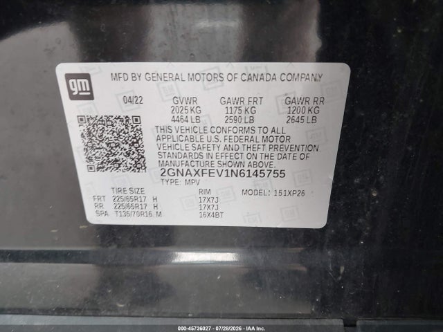 2GNAXFEV1N6145755 Chevrolet Equinox Fwd 1fl